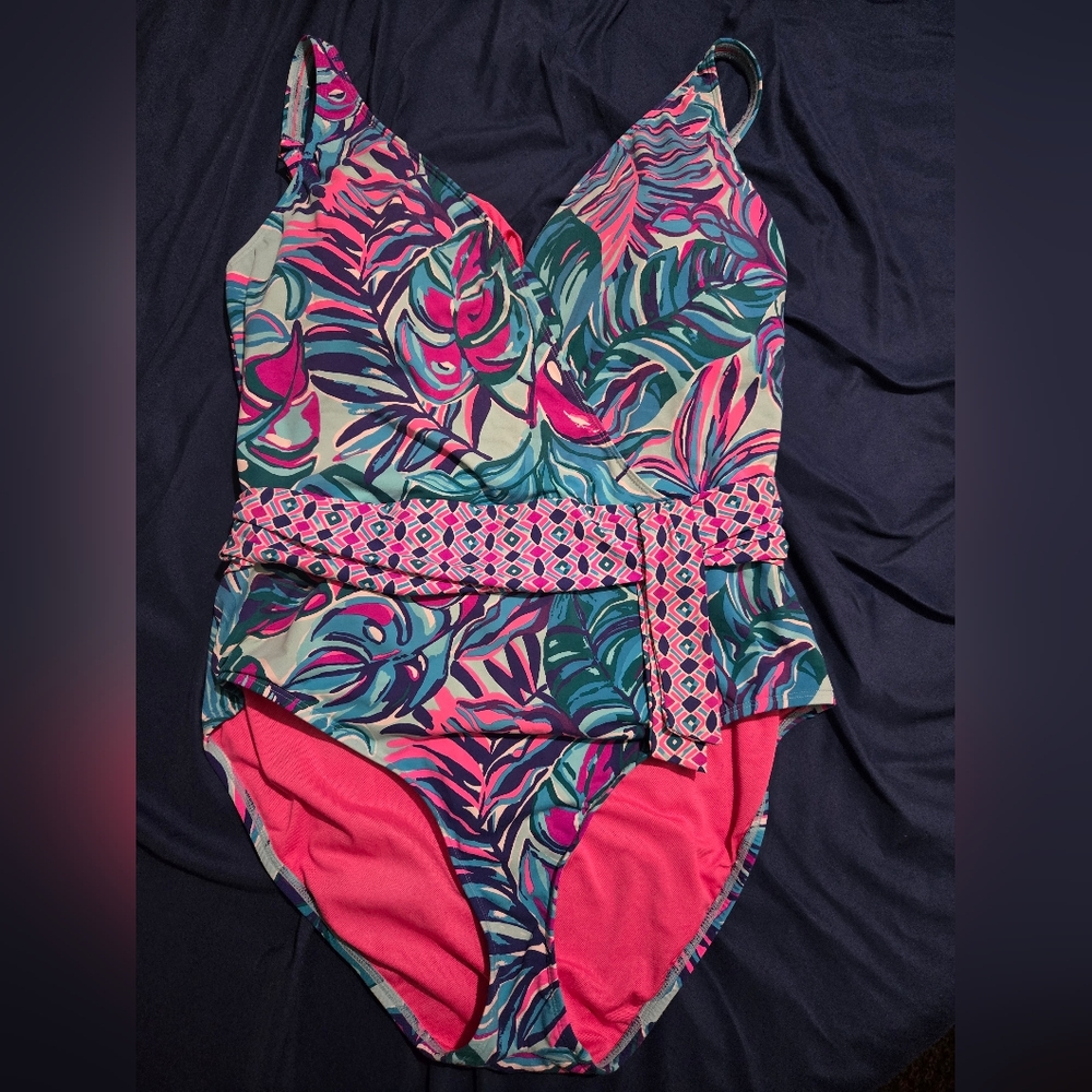 Lilly Pulitzer Pink & Teal Tropical Print One-Piece Swimsuit sz 16